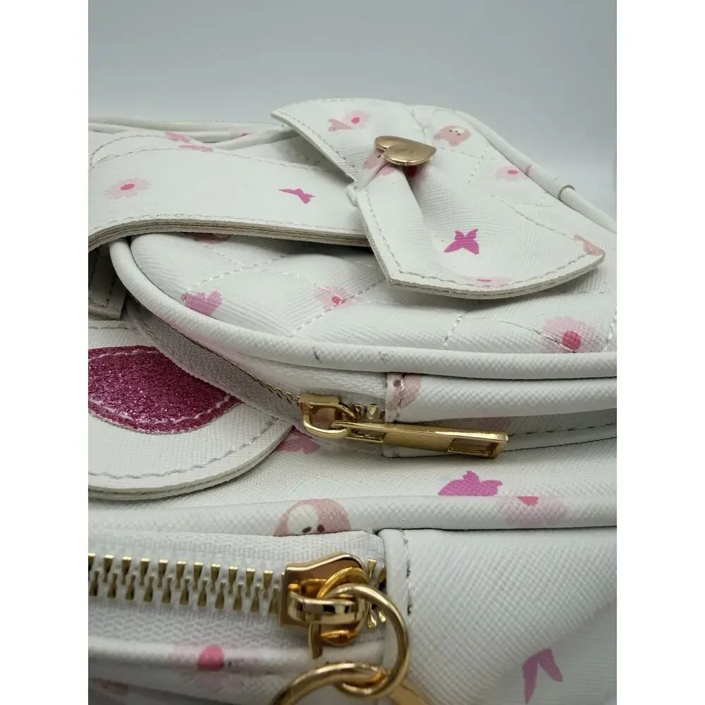 UNDER ONE SKY Mini Backpack Purse White Pink Bear Print Bow Bag Charm